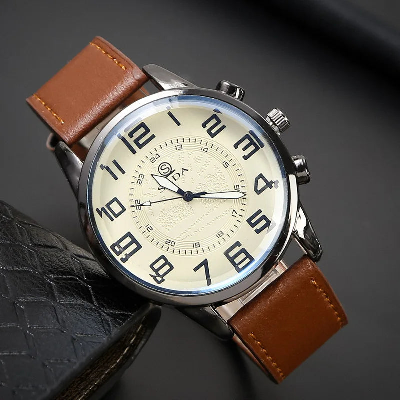 Men's Vintage Leather Strap Quartz Wristwatch Big Dial New Quality Simple Business Style for Sport Use Fashionable Reloj Hombre