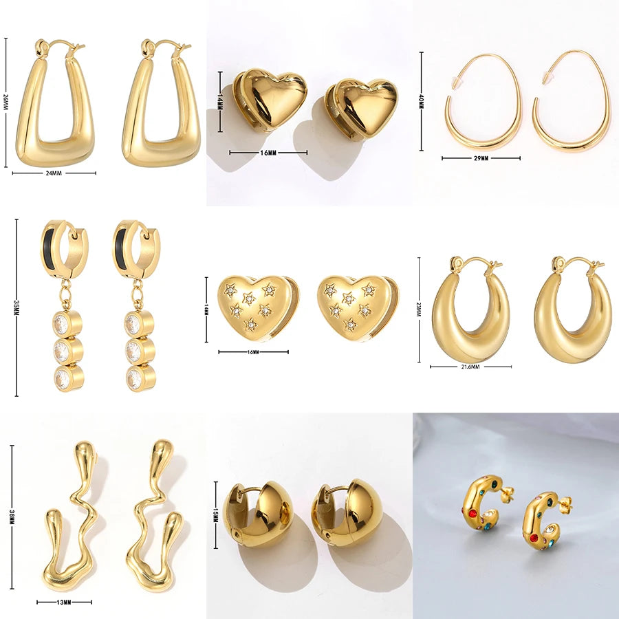 Fashion Stainless Steel Zircon Geometric Earrings Women Heart Shaped Hollow Out Chunky Stud Earrings