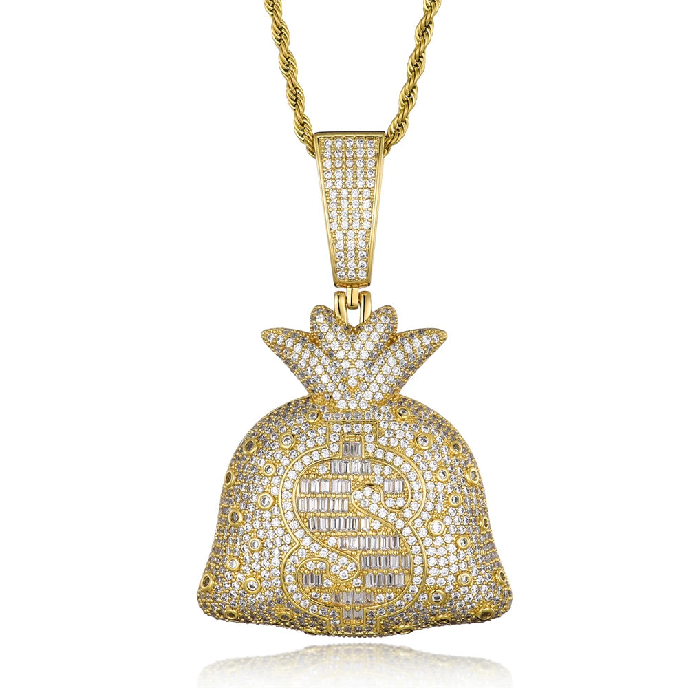 Bling Hip Hop Iced Out Baguette Stone Big Money Bag Pendant Necklace 5A Cubic Zirconia Dollar Pendant Men's Accessories