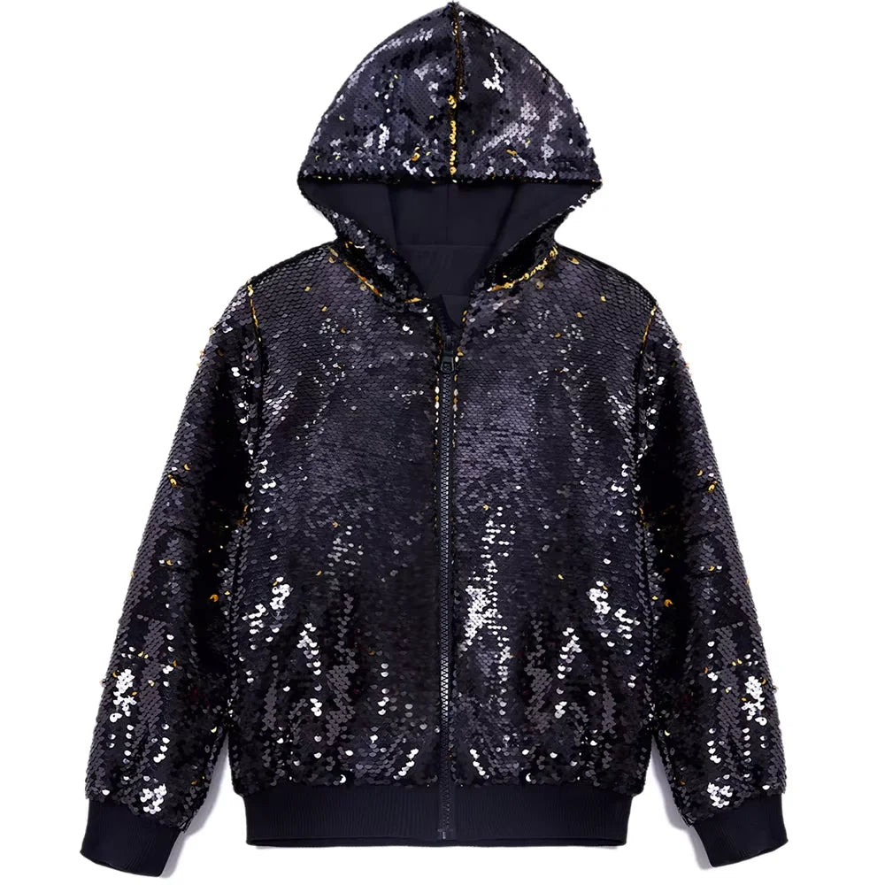 New Fashion Men's Sequin Jacket With Hooded Solid Color Bling Bling Zipper Jacket Casual Party Dance Clothes Jacket