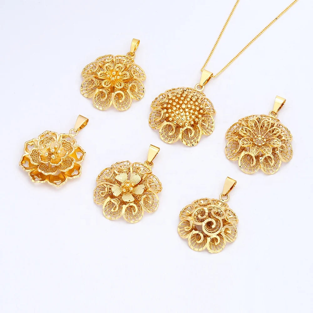 Factory Wholesale Brass Jewellery 24k Gold Plated Flower Pendant Women Dubai Gold Plated Pendants Jewelry