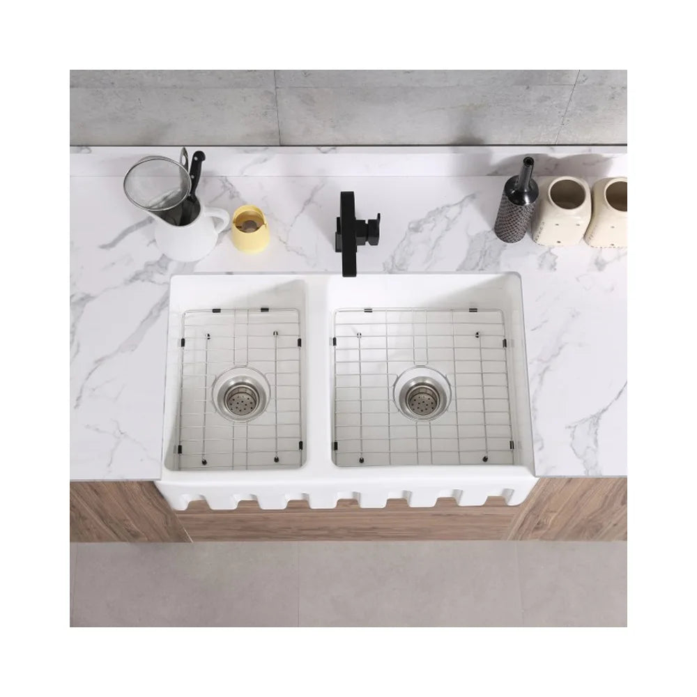 Buterfleoge Luxurious American Apron Front Double Bowl Undermount Kitchen Ceramic Basin Restaurant Sink Polished 3-Year Warranty