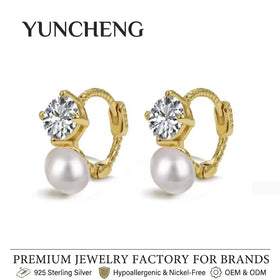 YUNCHENG Jewelry Hoop Earrings Inlaid Zircon Pearl Hemp Wreath Trendy AA White Pearl Rhodium Plated Wedding Huggies Earrings
