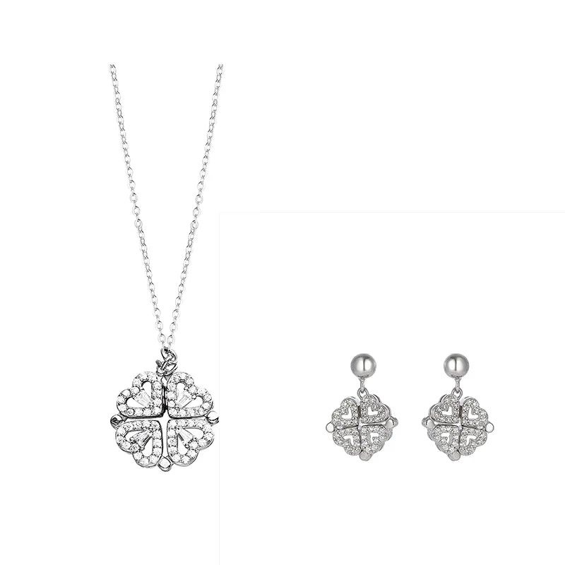 Four-leaf Clover Stud Zircon Fashion 925 Sterling Silver Jewelry Earring Hearts Pendant Necklace Set for Women