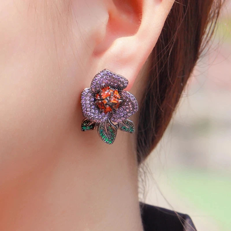 Geometric Beautiful Big Flower Purple Red Cubic Zirconia Pave Stud Earrings for Women Luxury CZ Wedding Bridal Jewelry MegaBDM