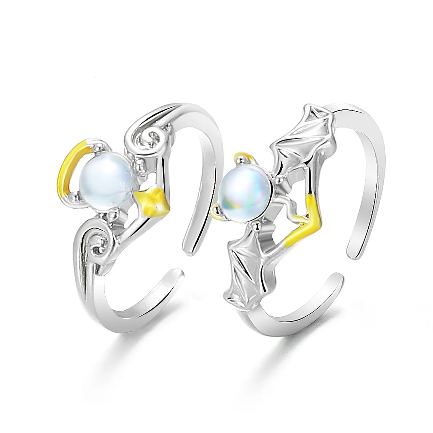 Romantic Fashion Angel Demon Moonstone Ring Simple Creative Gemstone Ring Faux Blue Valentine's Gift Couple Ring for Women Men