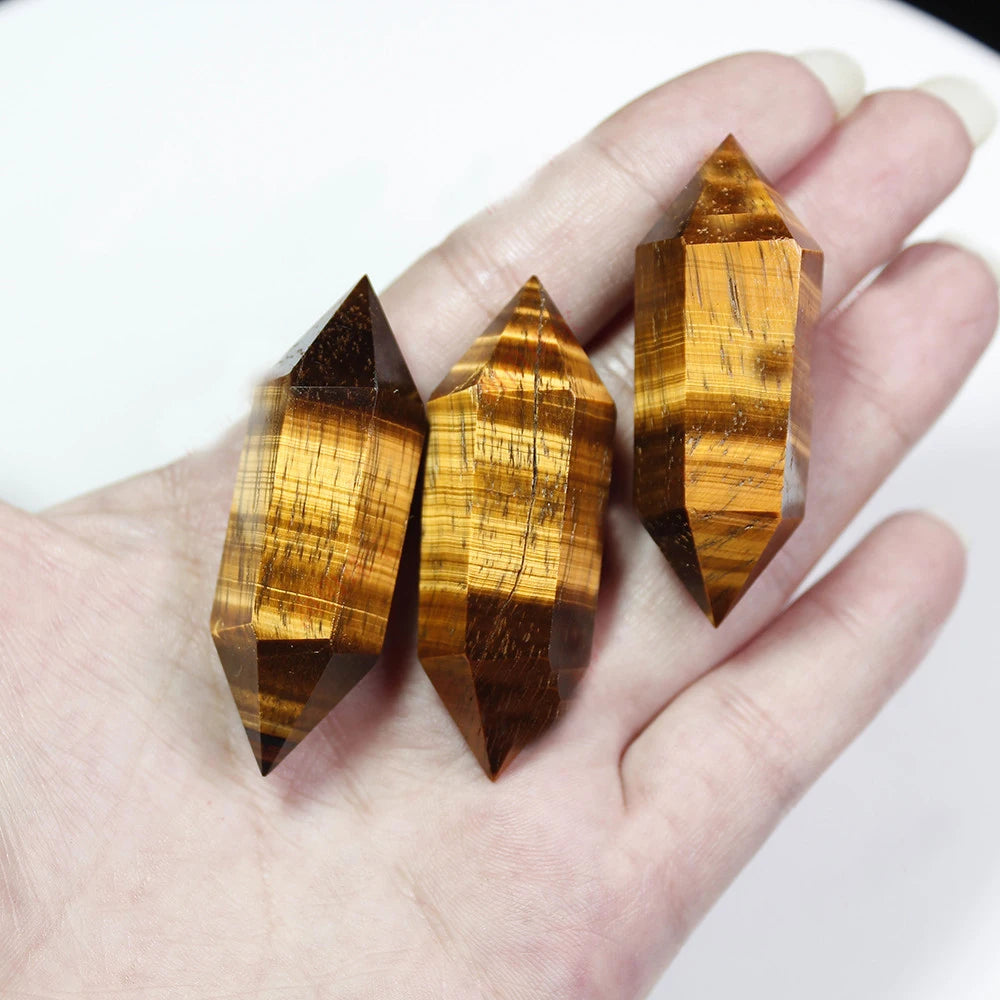 5cm Natural Tiger Eye Double Points Wand Hexagonal Chakra Faceted Prism Bar Healing Crystal Wand