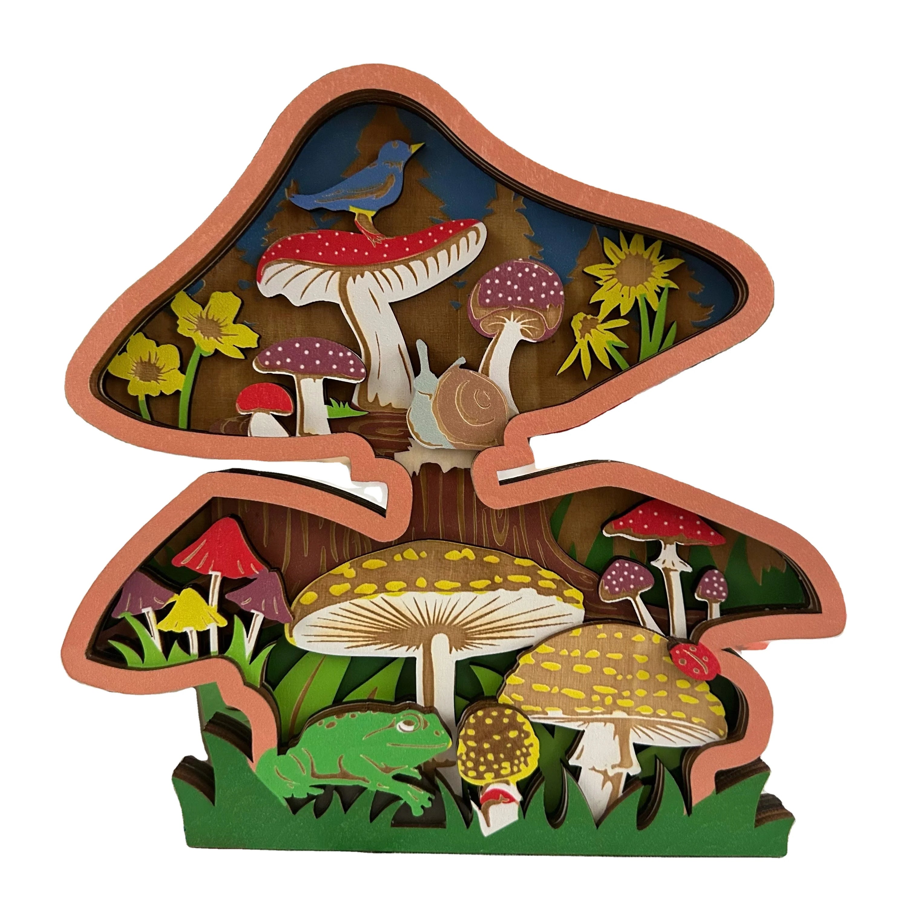 Popular Mushroom Art Home Decor Laser Cut Plywood  5 Layer Mushroom Display for Table Decoration