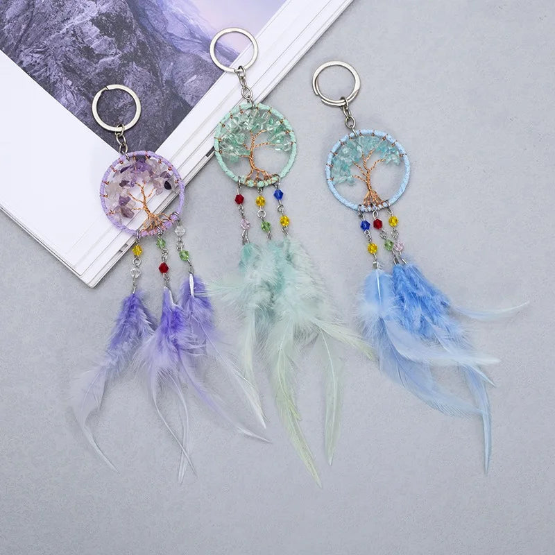 Crystal Dreamcatcher Keychain Bohemian Tree of Life Charm with Feather for Spiritual Gifts on Birthdays Weddings Anniversaries