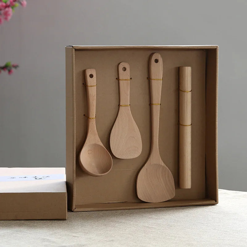 Hot Selling Four-Piece Beech Wood Utensils Kitchen Cooking Set Gift Idea Mutoulao Brand Hunan Origin