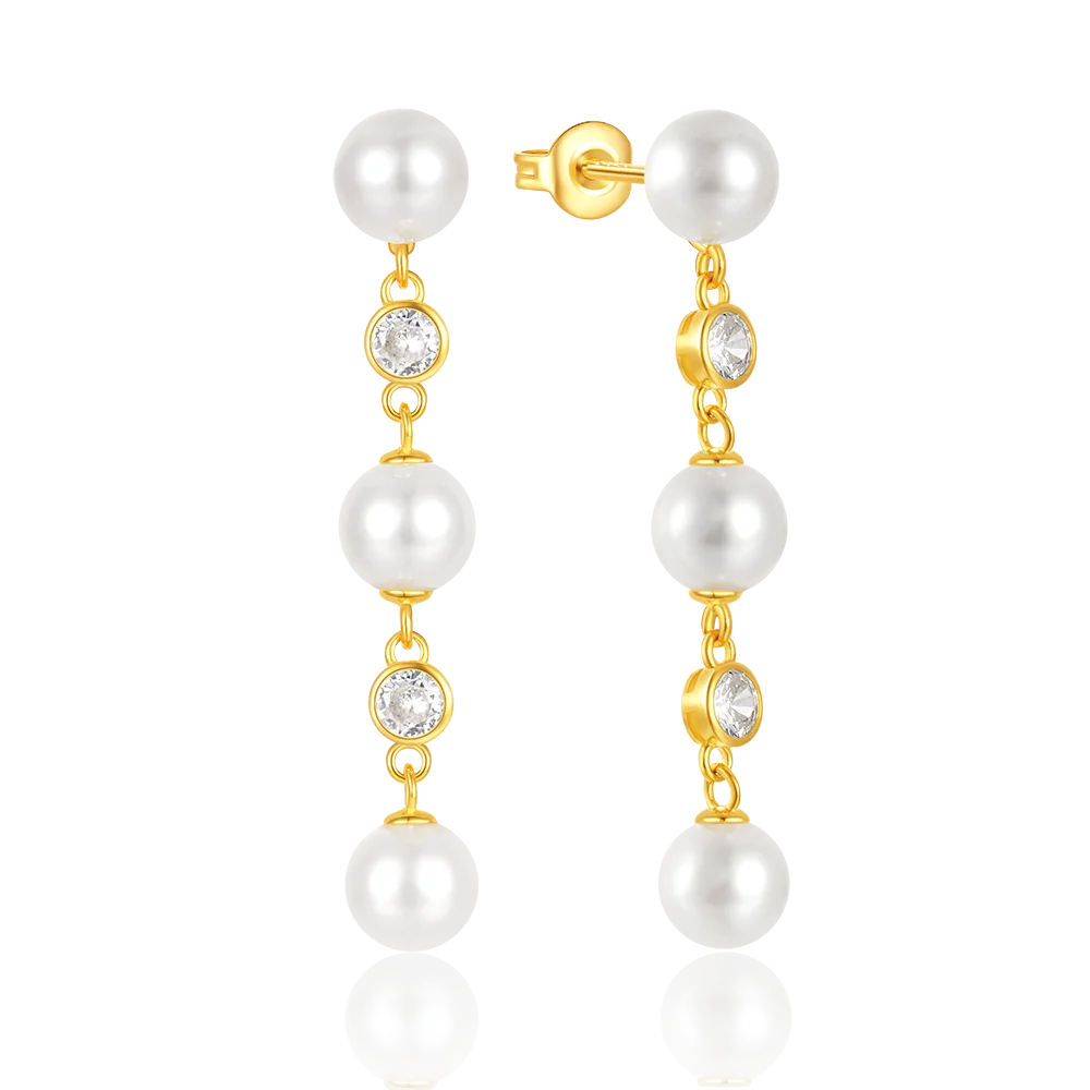 Fashion Jewelry 925 Sterling Silver Earrings Round Pearls Diamond Zircon Tassel Chain Gold Plated Stud Earrings for Women