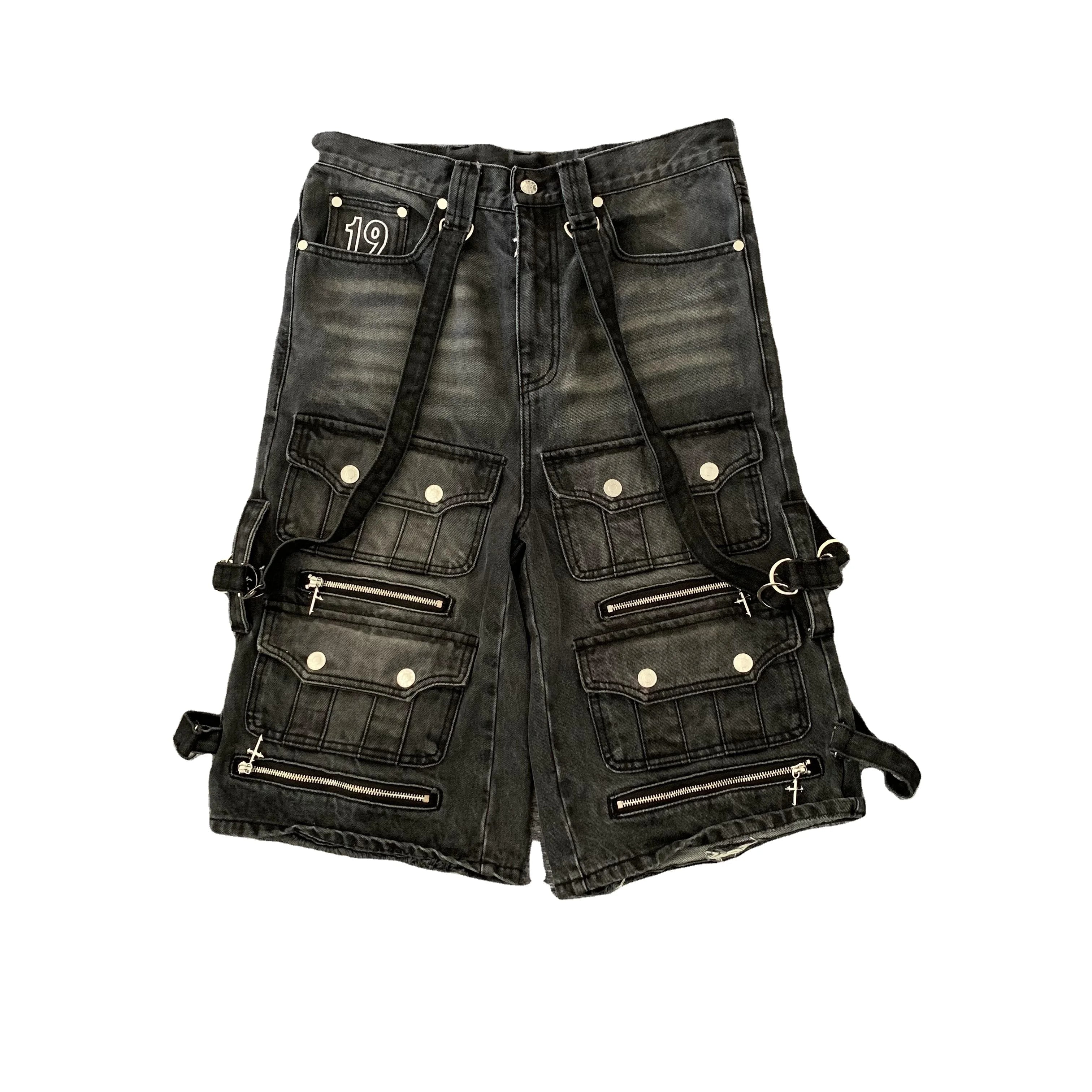 DENIMGUYS Heavy Washed Baggy Jean Shorts for Men Multi Pockets Loose Denim Cargo Short Jeans Street Vintage Strap Denim Shorts