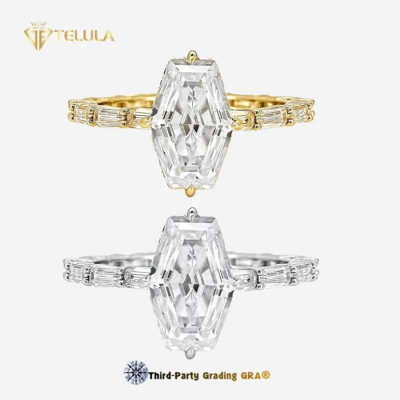 S925 Silver Moissanite Diamond Hexagon Cut 18K Yellow Plated GRA Certified Gold Vintage Engagement Moissanite Ring