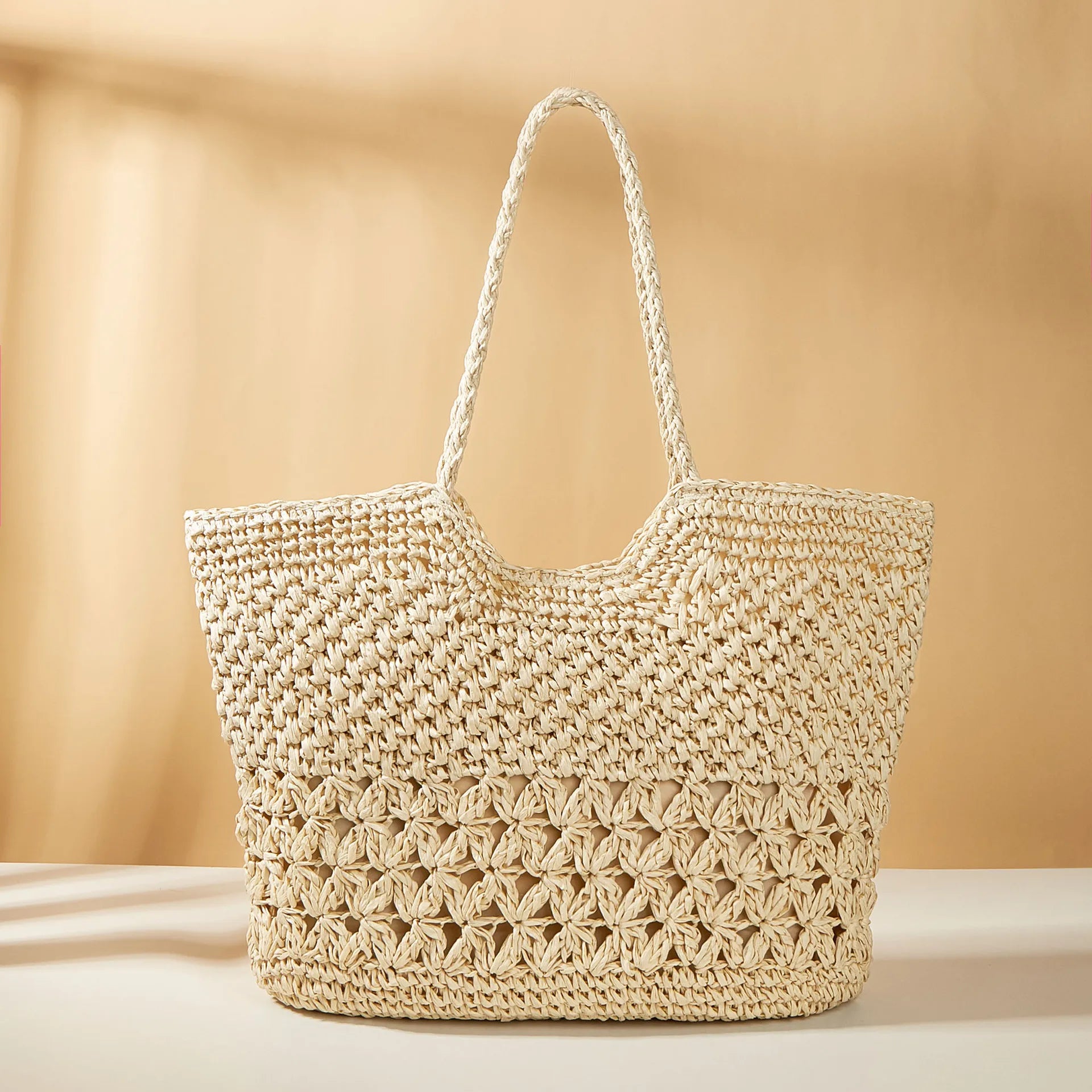 2024 New Handmade Summer Beach Tote Hollow Paper Woven Straw Shopping Bag with Two Straps Letter Decoration Shoulder Handbag