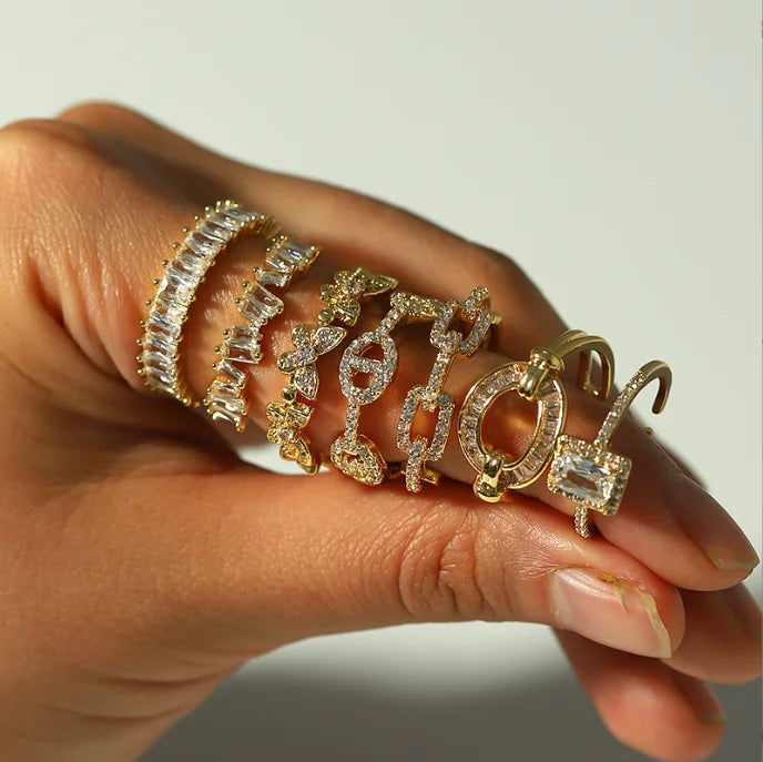 Fashion Gold Color Butterfly Stainless Steel Couple Rings for Women Chain Crystal Zircon Finger Wedding Ring Jewelry