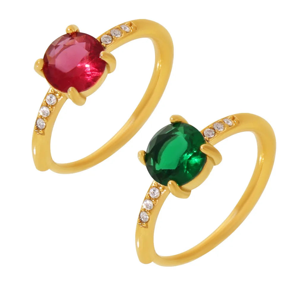 Exquisite Style Three Colorful Zircon Claw Side Adjustable Opening Ring Luxury Stainless Steel Real Gold PVD Plating
