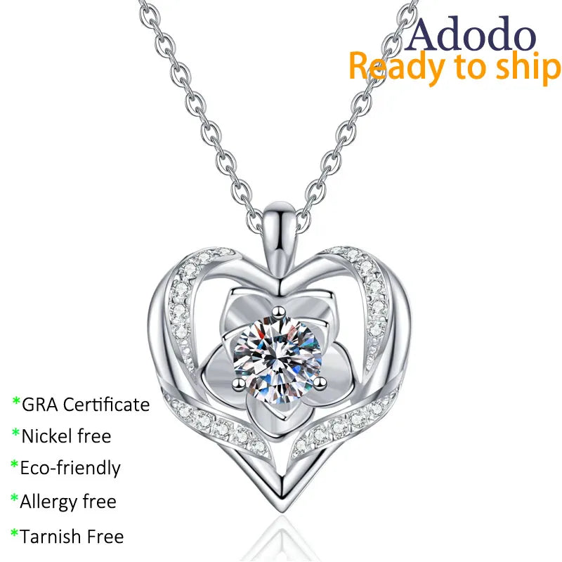 New Arrival 925 Silver Jewelry VVS Moissanite Rose Flower Heart Pendant Necklace for Valentine's Day Gift Free Engraved