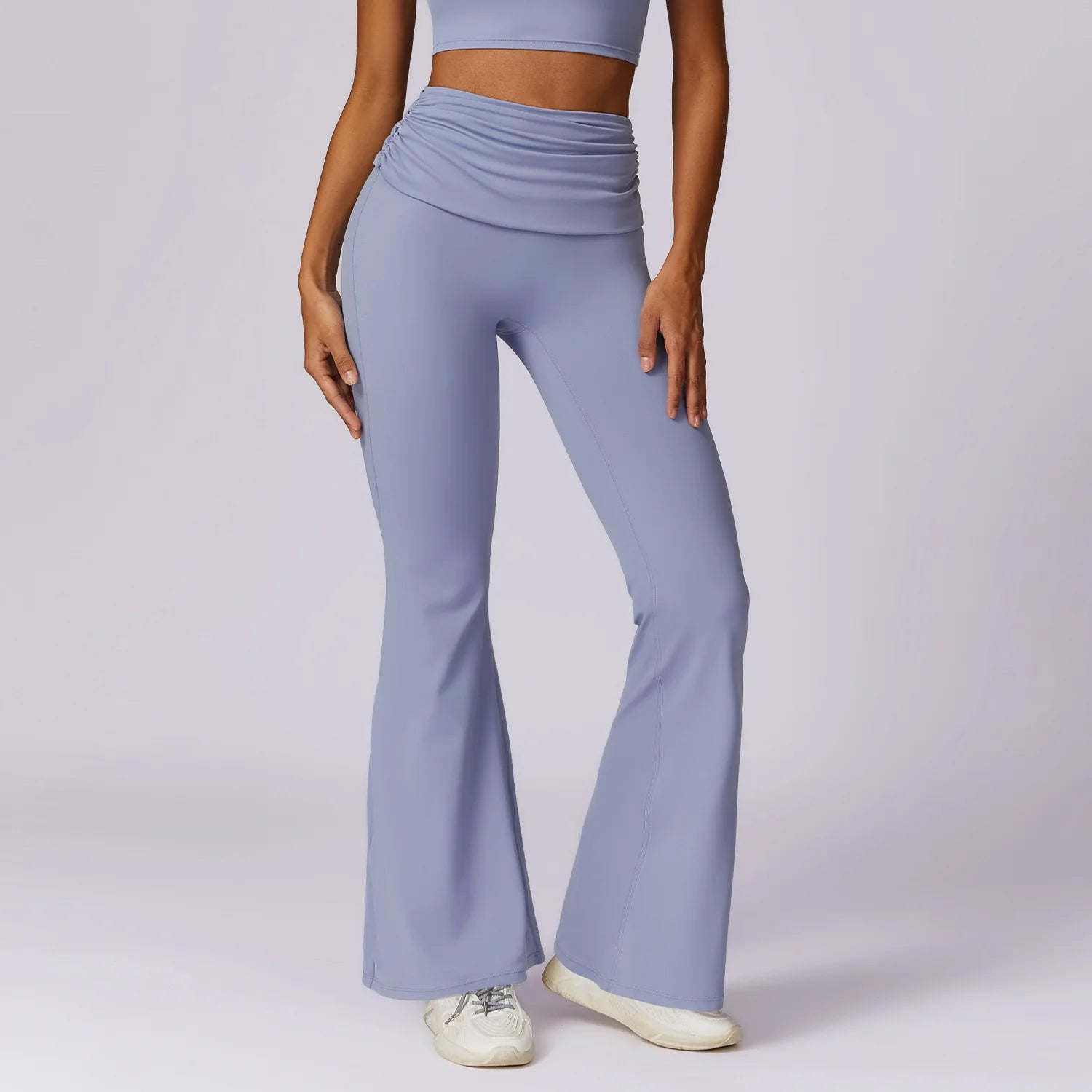 Lanyu High Waist Fold Over Ruched Wide Leg Yoga Pants Tummy Control Flare Leggings Jazz Dress Baseball Casual Workout Pants