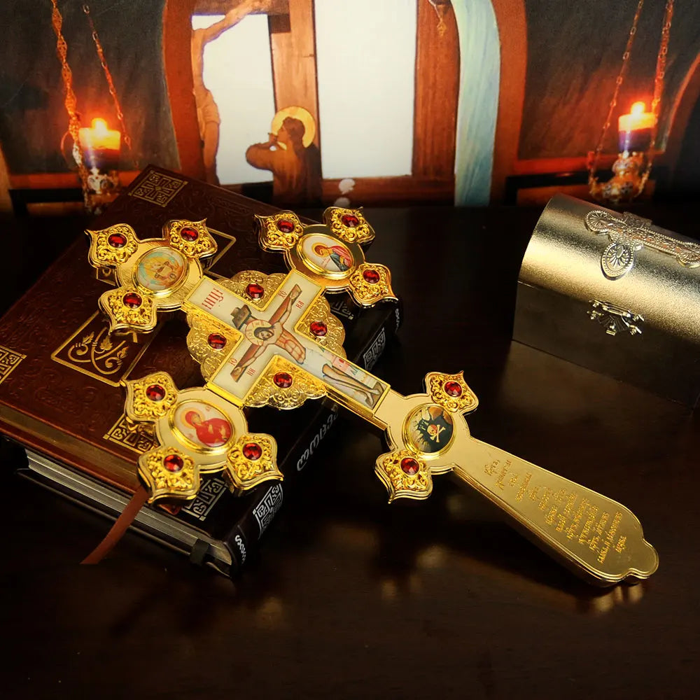 HT Realistic Crucifix Orthodox Cross Catholic Gift Gold Plated Metal Alloy Crucifix Passion Jesus With Mary Icon