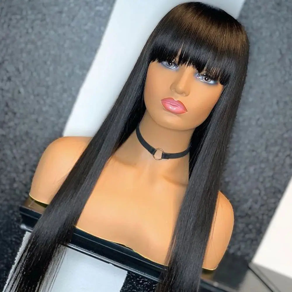Silk Straight 1B Color Machine Made Human Hair Wig With Bangs Highlight Human Hair Machine Made with Bangs Wigs for Black Women