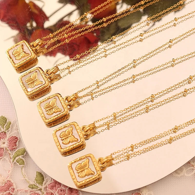 Wholesale Women Jewelry Stainless Steel Gold Plated Shell Pearl Butterfly Pendant Kolye Necklace