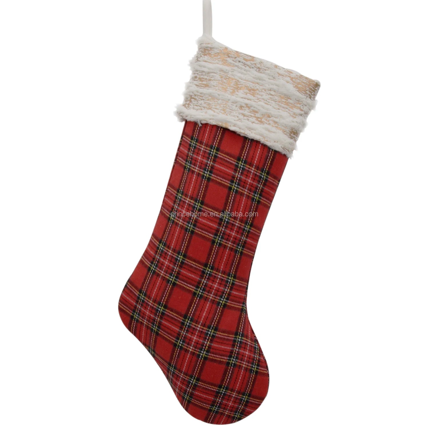 Wholesale Premium Quality Red Mini Plaid Christmas Stocking with Gold Printed Velvet Cuff for Festive Decorations