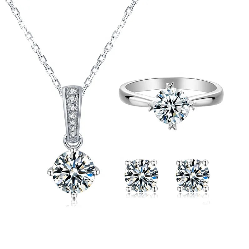 Abiding Jewelry Wholesale 925 Sterling Silver Moissanite Ring Necklace and Earring Set