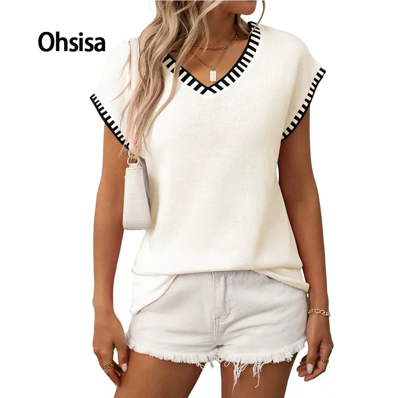 Ohsisa 2025 Summer New Woman Shirt  European American Short-Sleeved V-Neck Striped Knitted Sweater Thin Thickness Pullover Woman Shirt