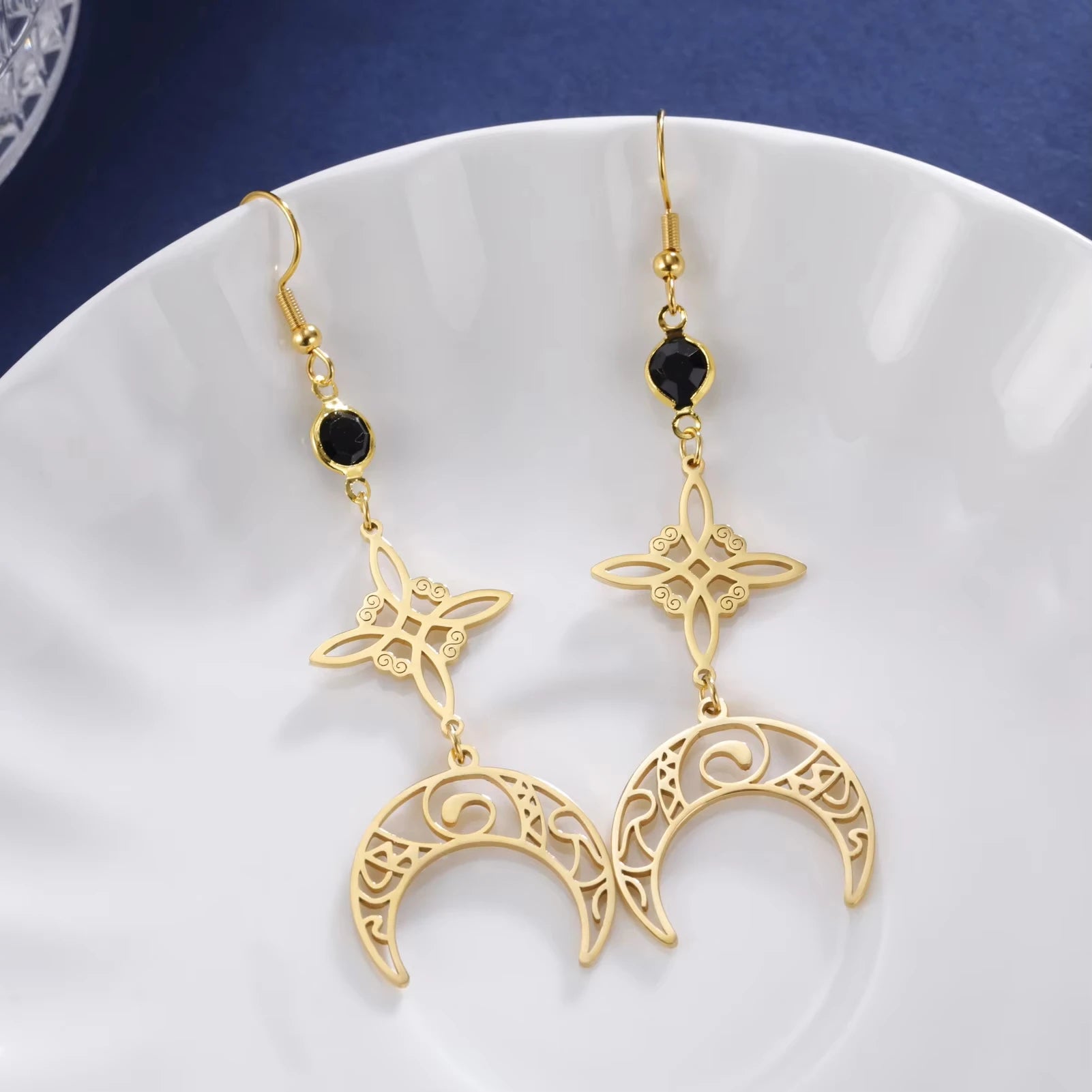 Myshape Witch Knot Moon Drop Dangle Earrings for Women Girls Stainless Steel Celtic Crescent Pendant Jewelry Valentine's Gift