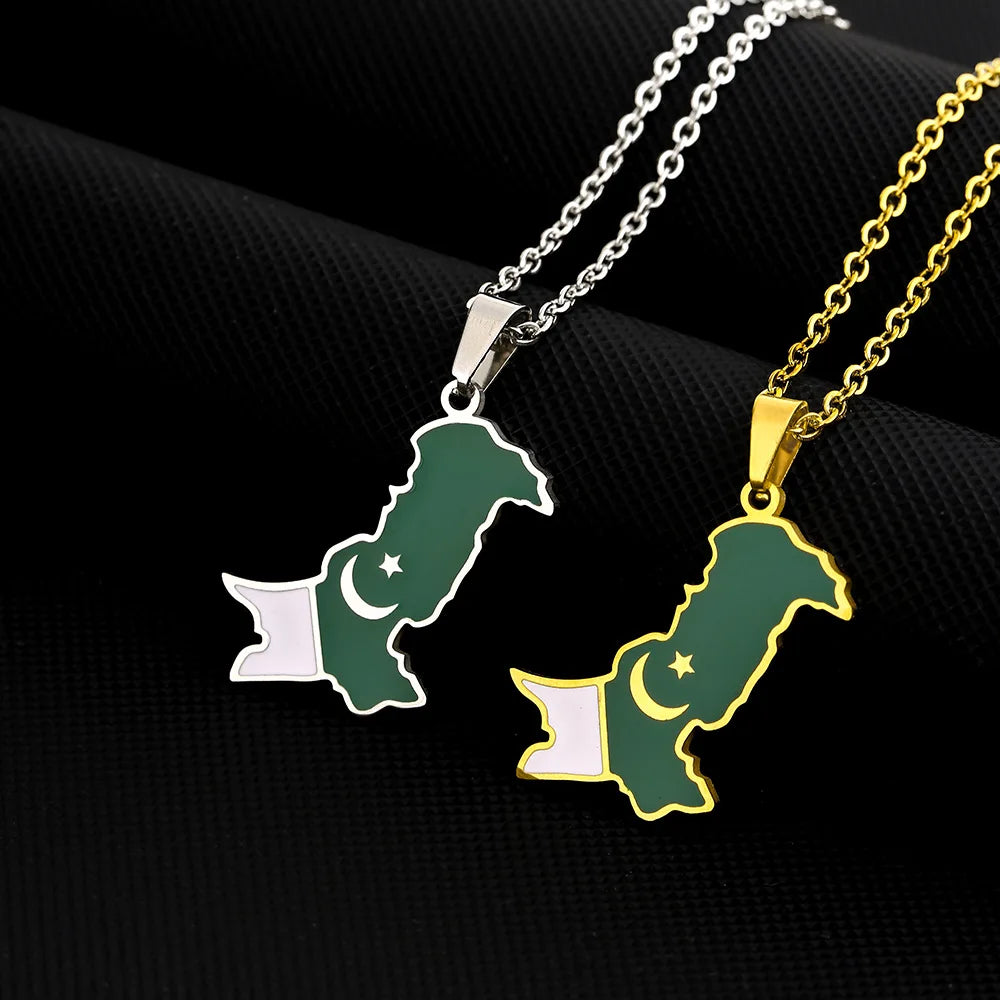 Wholesale Stainless Steel Country Flag Link Chain Necklace Gold Plated Enamel Pakistan Map Pendant No Fade for Weddings
