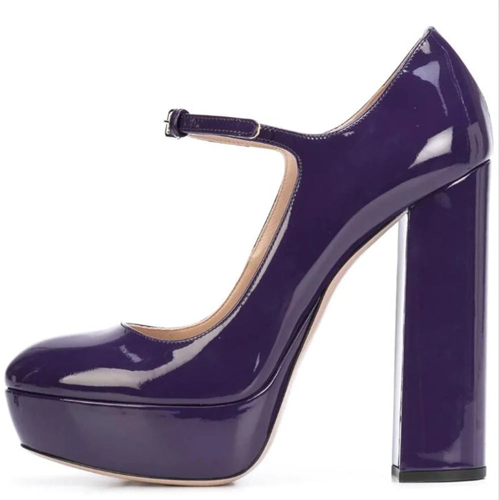 Plus Size Women Round Toe Chunky Heel Black Patent Leather Large Size Platform High Heels Pumps