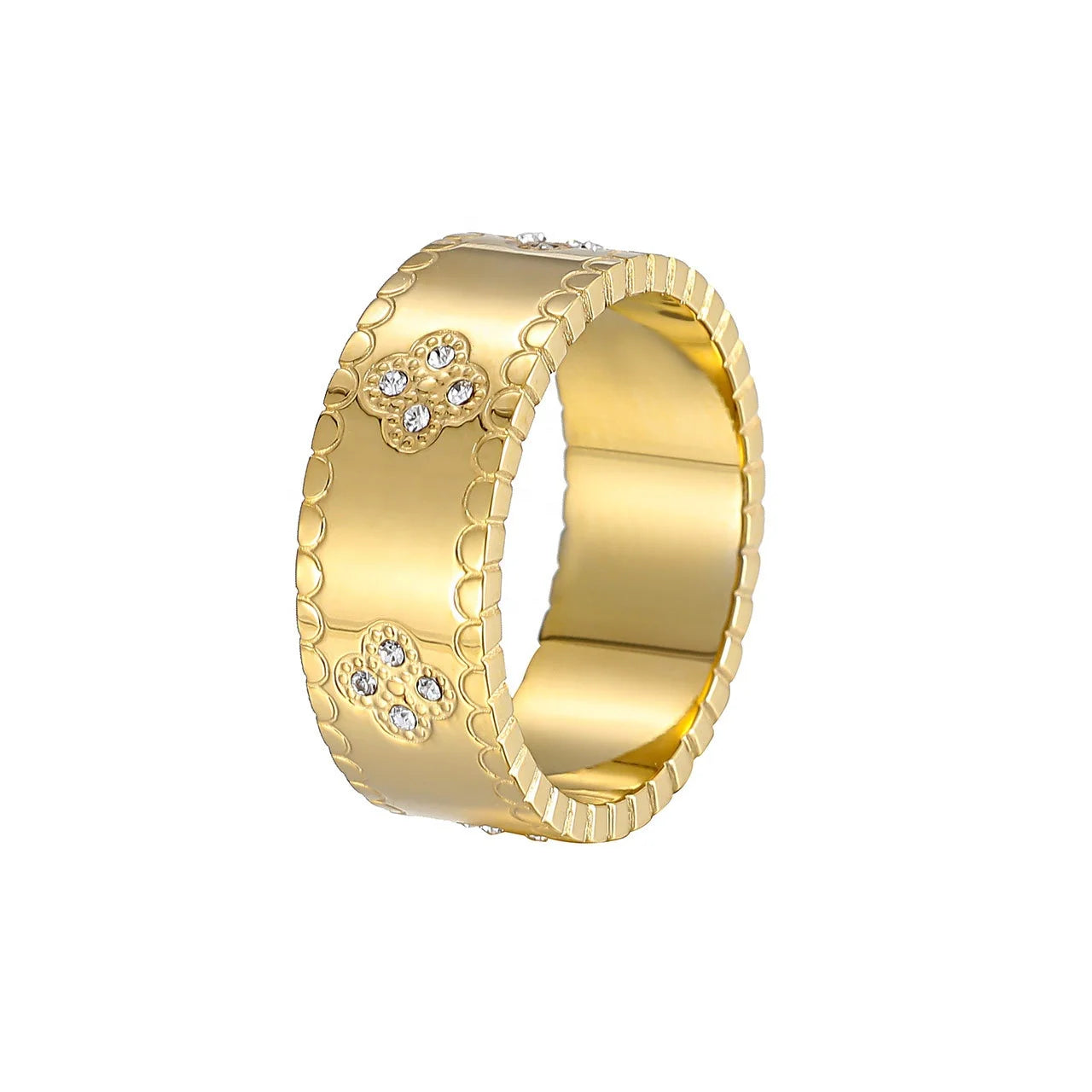 18K Stainless Fashionable Engagement Waterproof Jewelry Exquisite Zircon Flower Design Four Leaf Clover Lucky Thick Ring