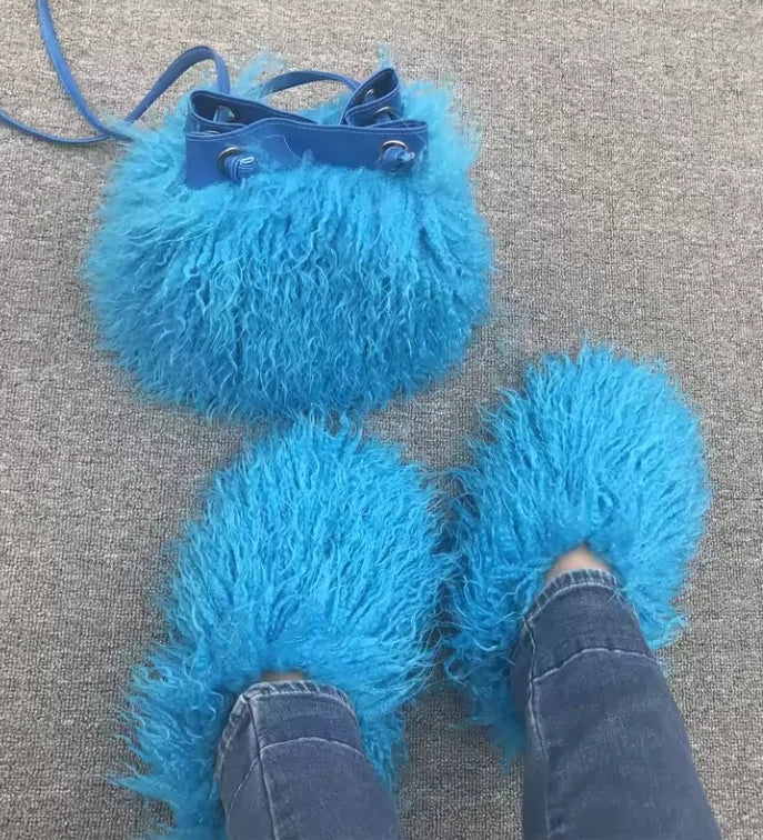 Wholesale Customization 2024 Fluffy Plush Curly Mongolian Sheep Faux Fur  With Bag and Shoes