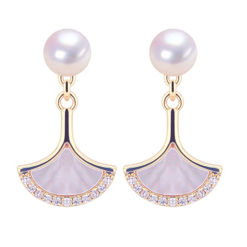 Wholesale Women's Natural Freshwater Pearl Stud Earrings With Shell Ginkgo Leaf
