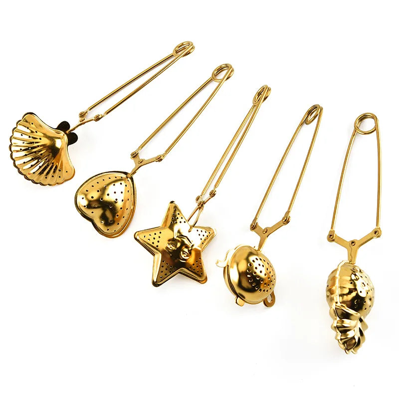 Gold Stainless Steel Tea Strainer Loose Leaf Tea Infuser with Long Handle Snap Balls Heart Star Teapot Shape Tea Filters
