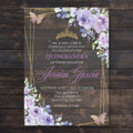 Luxury Lilac Lavender Roses and Gold Geometric Quinceanera Butterflies Acrylic Invitation Card