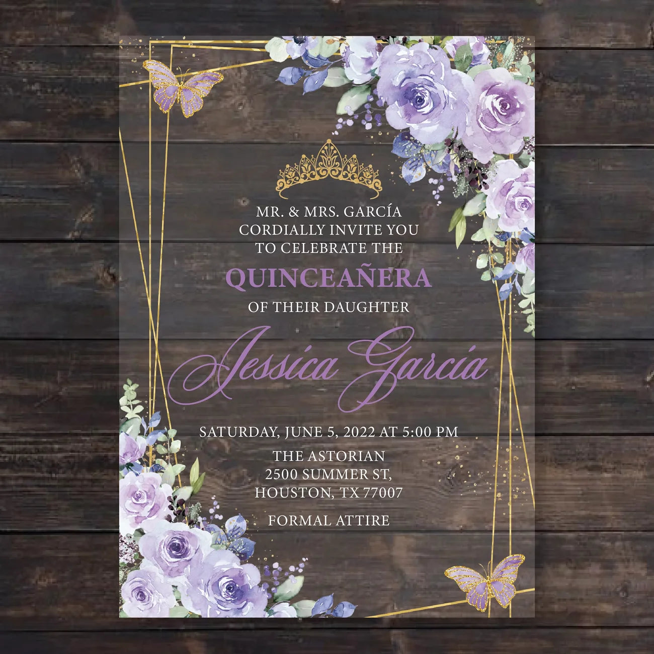 Luxury Lilac Lavender Roses and Gold Geometric Quinceanera Butterflies Acrylic Invitation Card