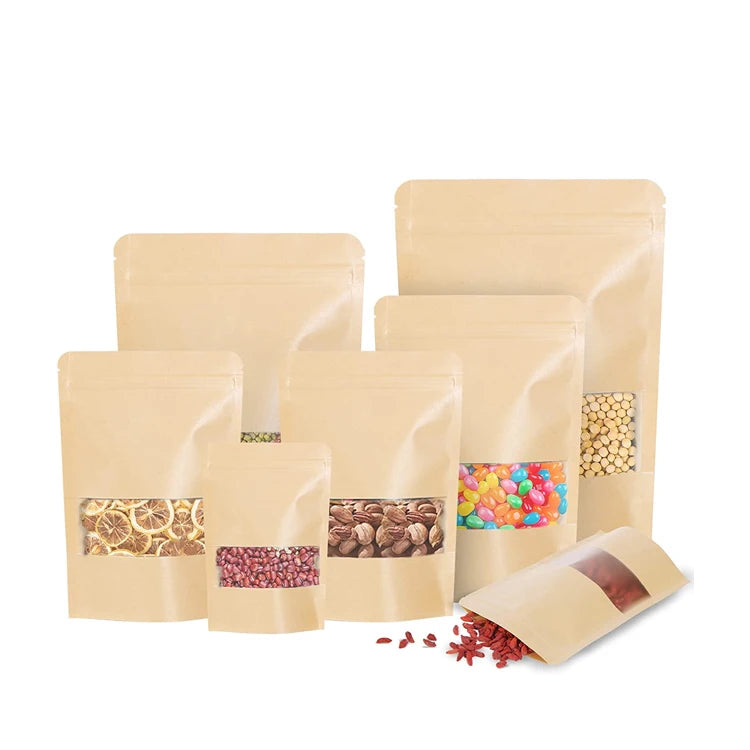 Manufacturer Custom Printed Recyclable Sealed Zipper Doypack Stand up Kraft Paper Bags for Food Dry Goods Packaging