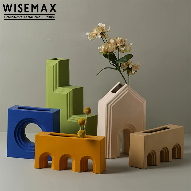 WISEMAX FURNITURE Nordic Creative Simple Geometric Dry Flower Vase Colorful Living Room Art Ceramic Vase Table Decoration