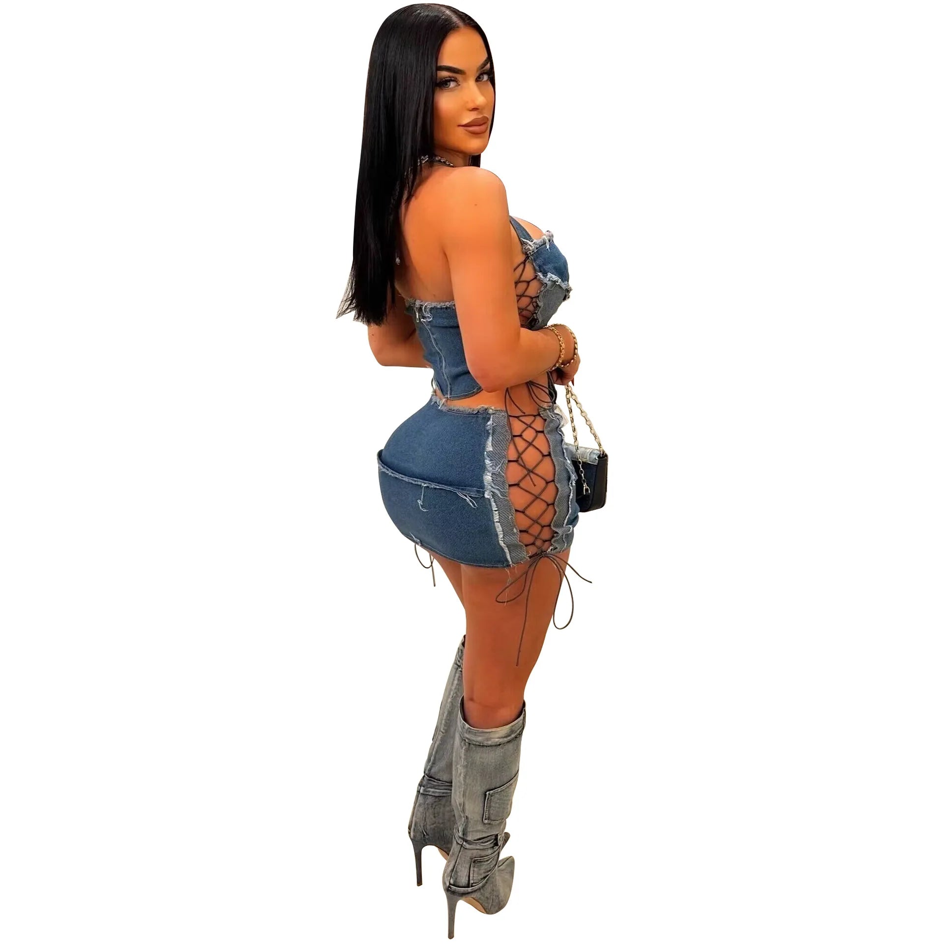 Cross Border Women's  Denim Two-piece Suit Chest-wrapped Lace-up Halter Pocket Top Two-way Wear