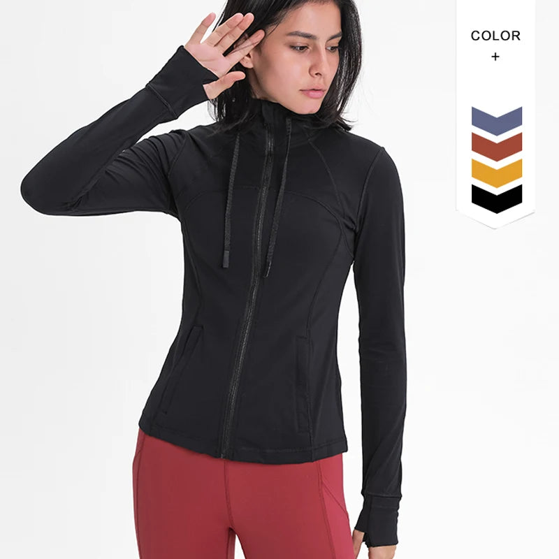 Women Fitness Hooded Jackets Quick Dry Active Wear Jacket Stretchy Black Yoga Jacket