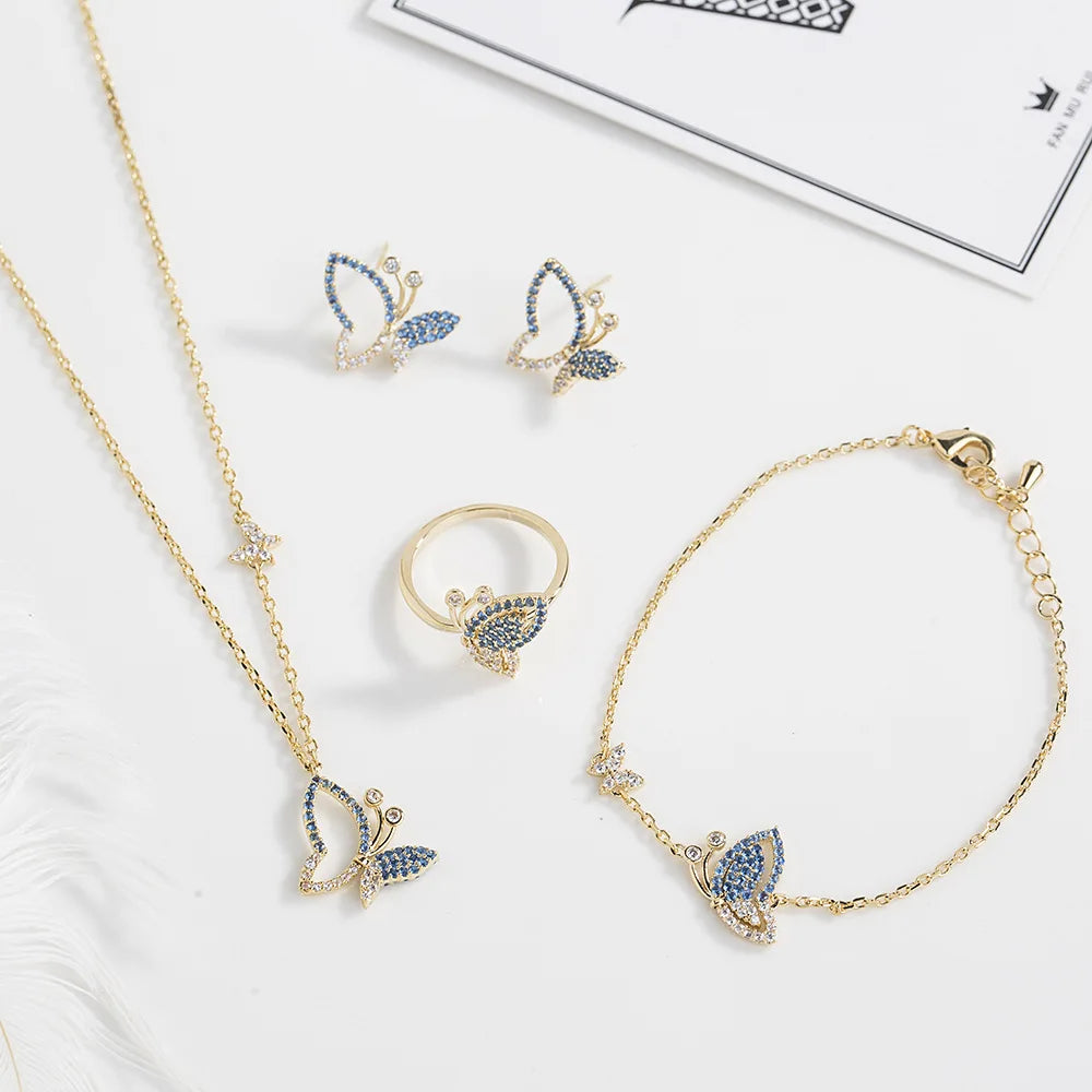 Hot Sale Vintage Cubic Zirconia Blue Pave Stone Butterfly Jewelry Set 4pcs Fine Jewelry-Necklace Earring for Engagement