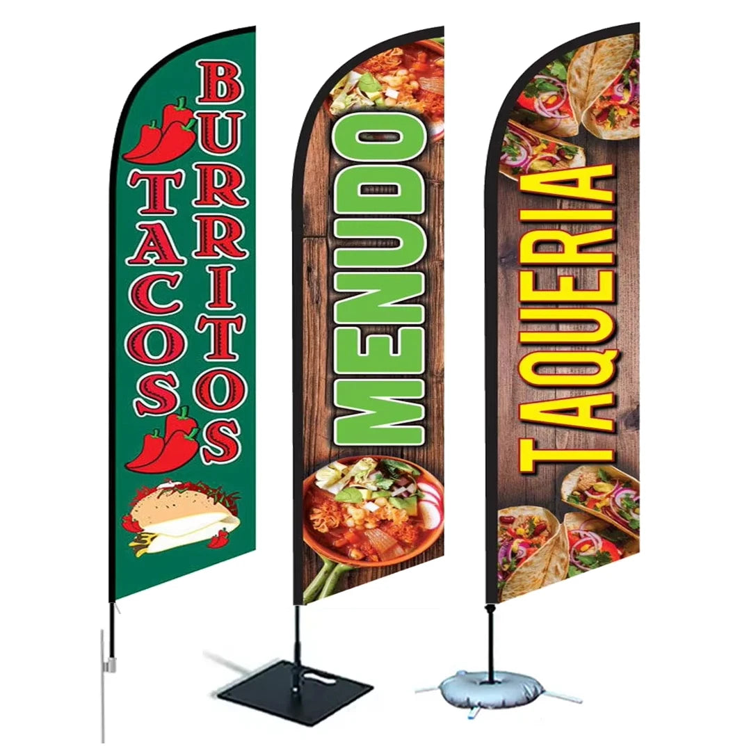 Custom Outdoor Double-sided Advertising Feather Flag Pole Kit Printed Beach Banner Mexican Tacos Burritos Hot Food Feather Flag