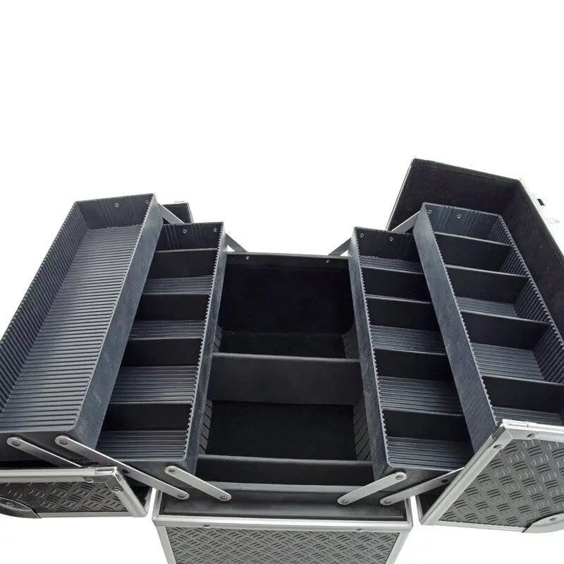 Durable Hard Aluminium Black Tool Box Customizable Fishing Tackle Bait Case with Fold Out Trays Supports OEM & ODM