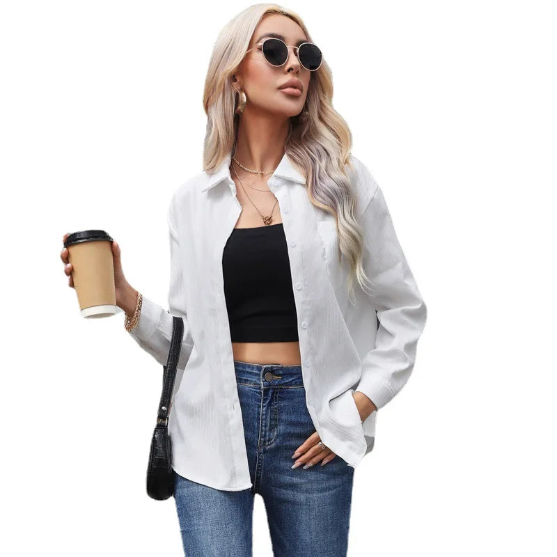 Cross-border European and American Women's Clothing 2023 Spring and Autumn New Corduroy Casual Loose Long-sleeved Shirt Top