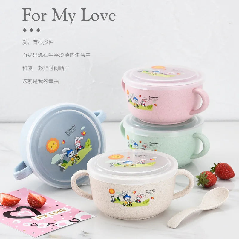 Creative Biodegradable Tableware Cartoon Binaural Bowl Infant Training Bowl Anti-fall with Lid Can Be Microwave Oven