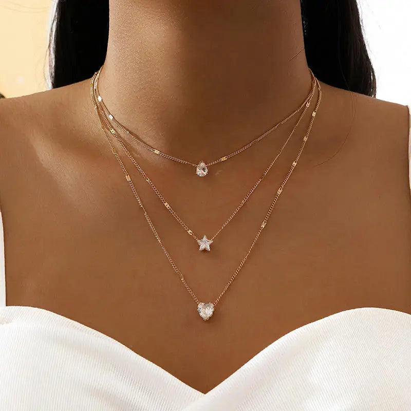 Zooying Foreign Trade Hot Fashion Simple Multi-layer Five-pointed Star Love Water Drop Pendant Vintage Necklace Collarbone Chain
