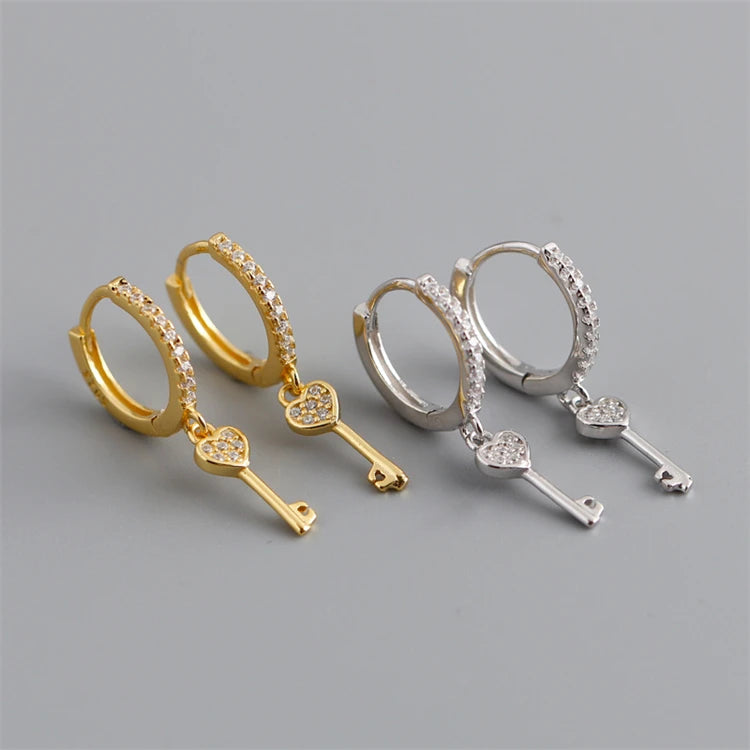 New Trendy 18k Gold 925 Sterling Silver Fashion Key Zircon Hoop Earrings for Women
