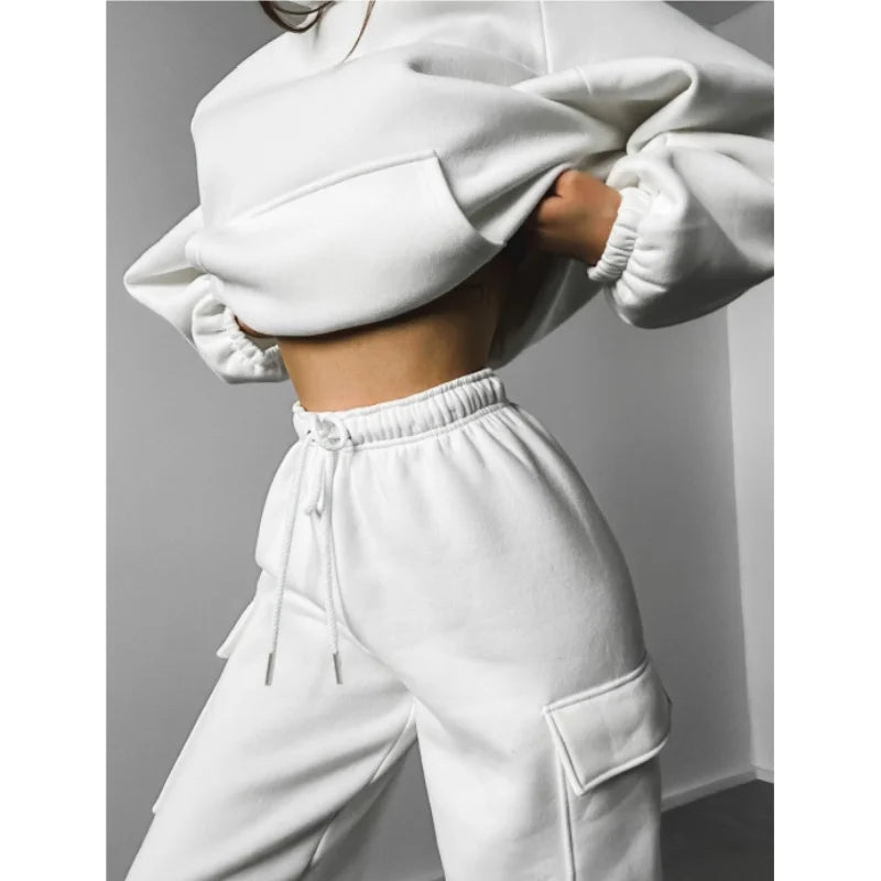 Women Fashion Casual Sweat Suit Hooded Pockets Long Sleeve Pullover + High Waist Cargo Pants Lady Fall Winter Two Piece Set MegaBDM