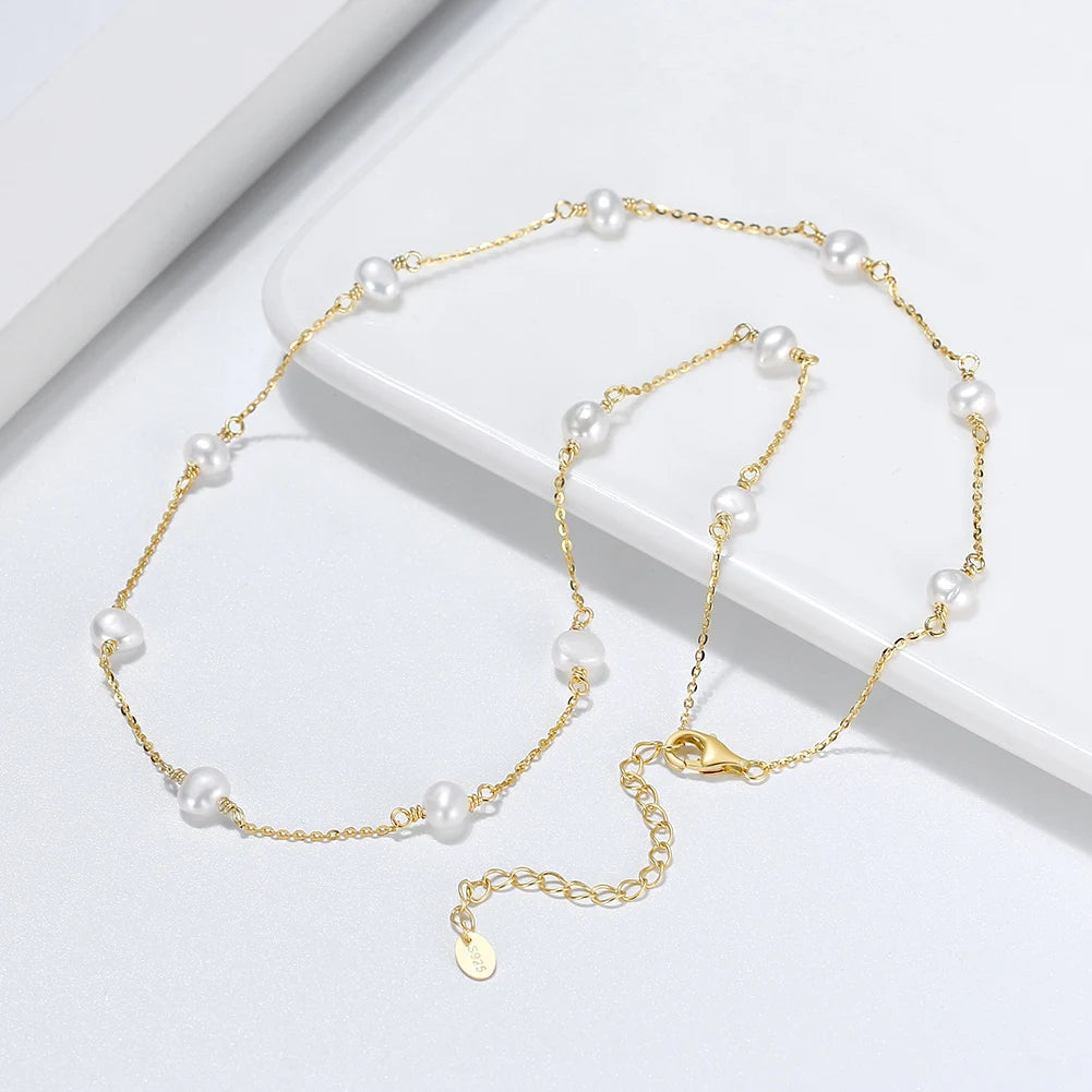 BGPN19 Handmade 14K Gold Real 925 Sterling Silver Pearl Necklace with 3-4mm Real Cultured Baroque Pearl Tiny Chain Necklace